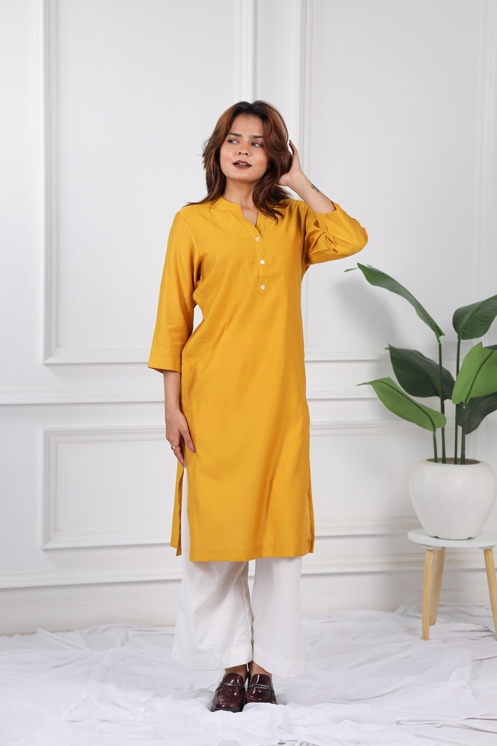 Mull-linen mustard long kurti