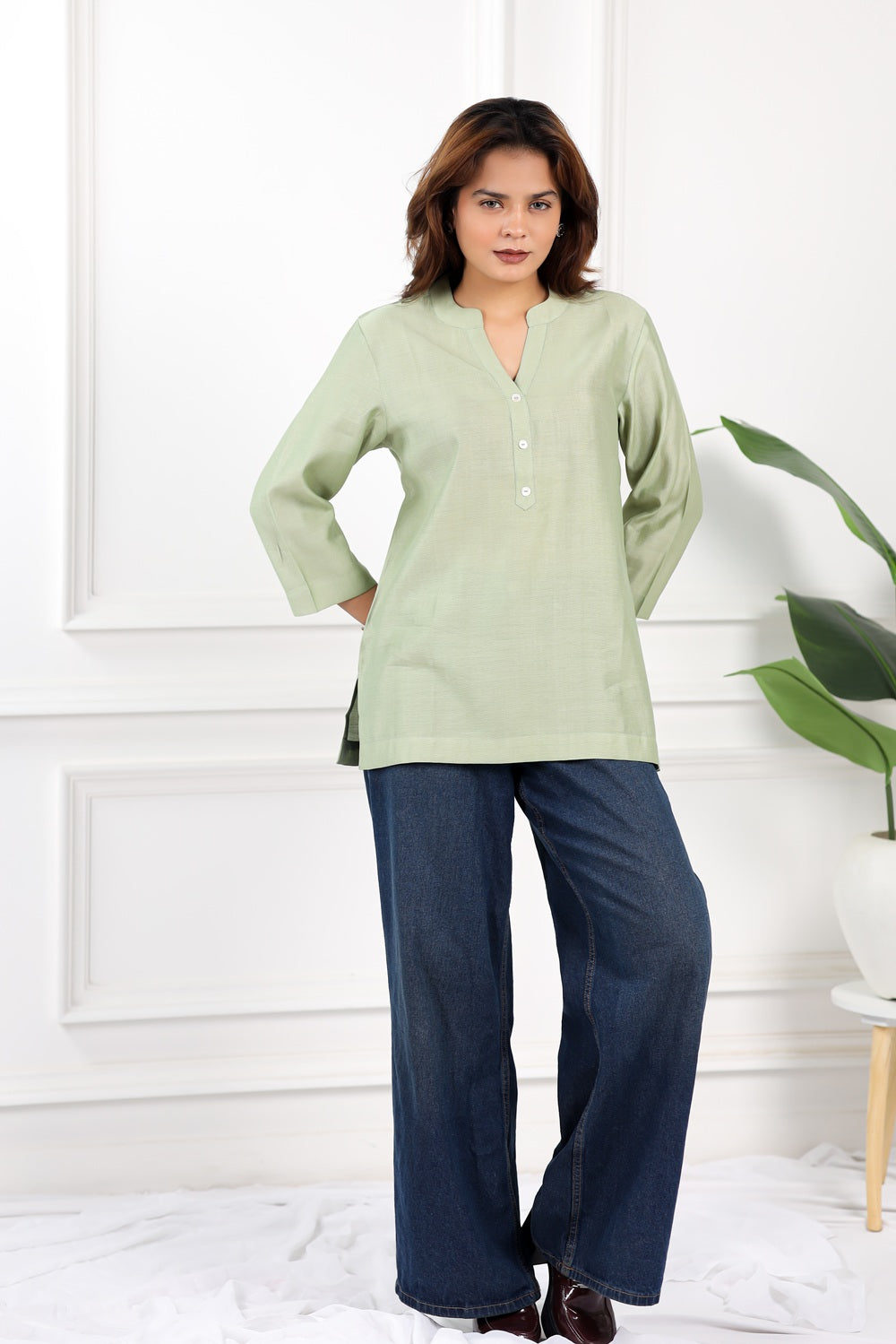 Mull-linen pastel green short kurti