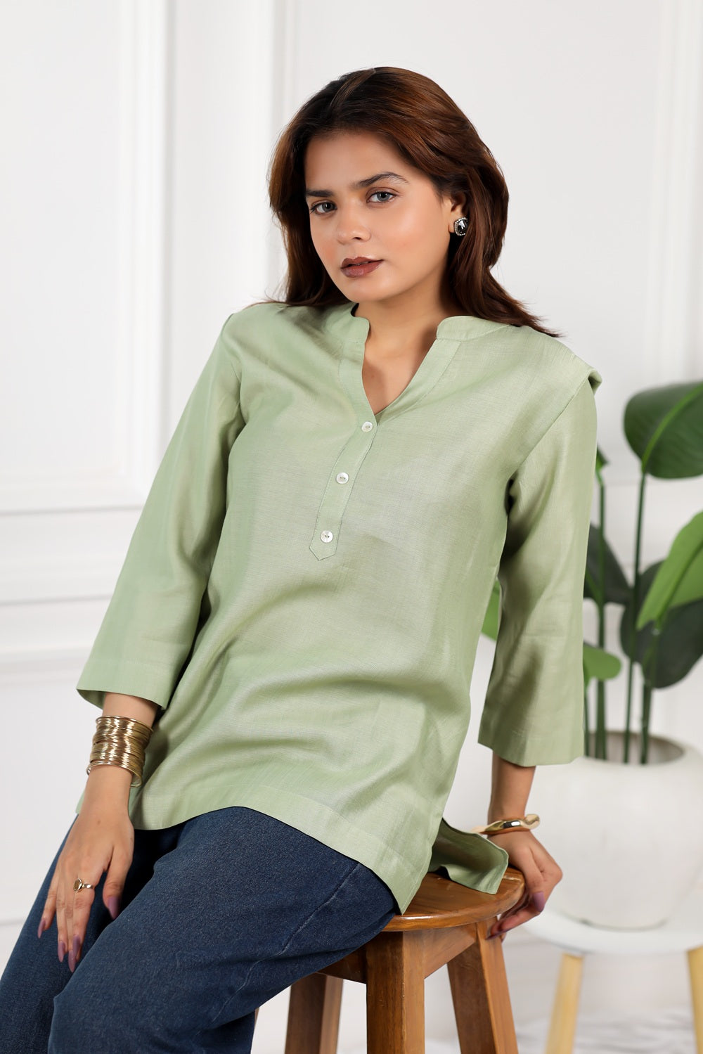 Mull-linen pastel green short kurti