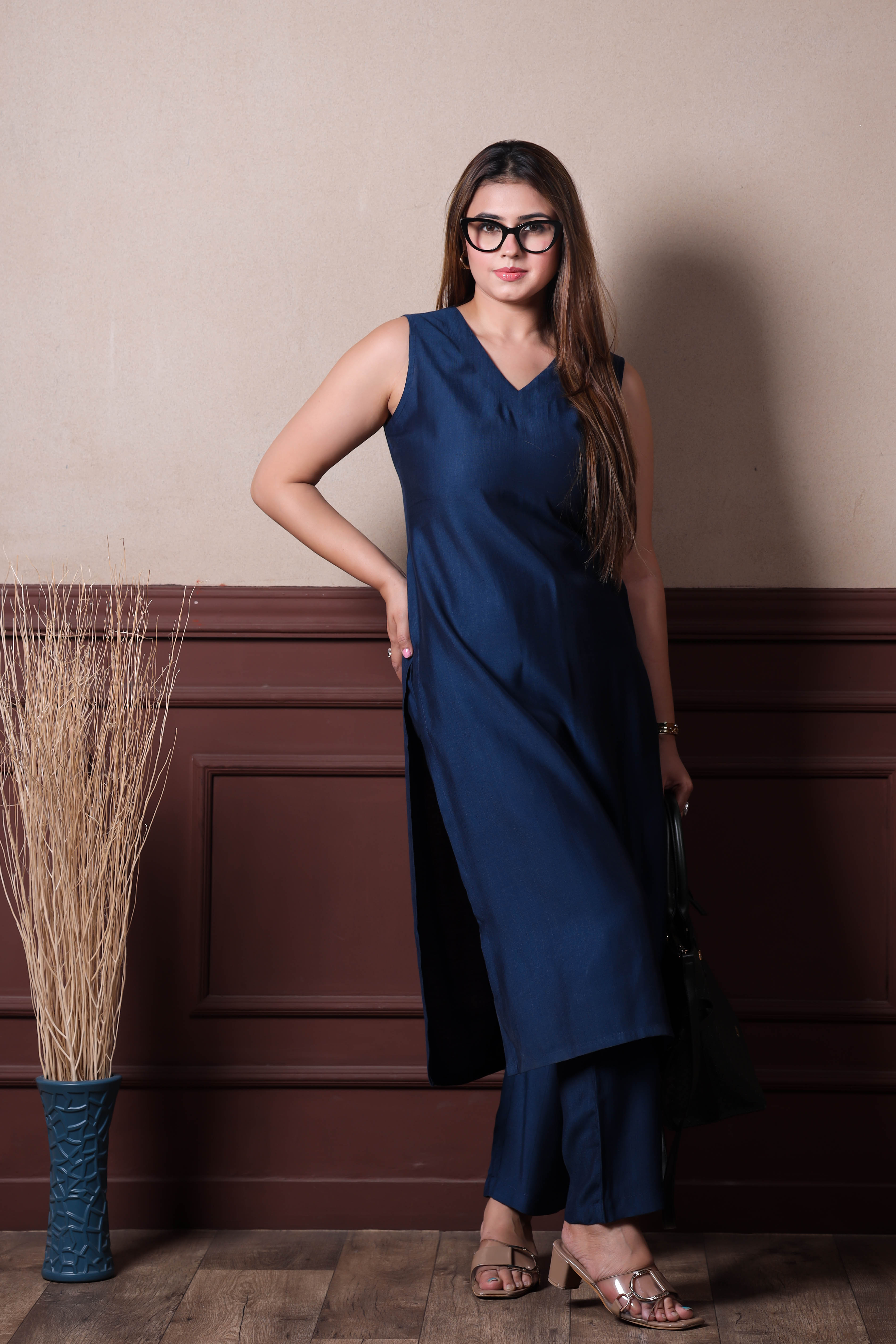 Plain Viscose goldy dark blue co ord set