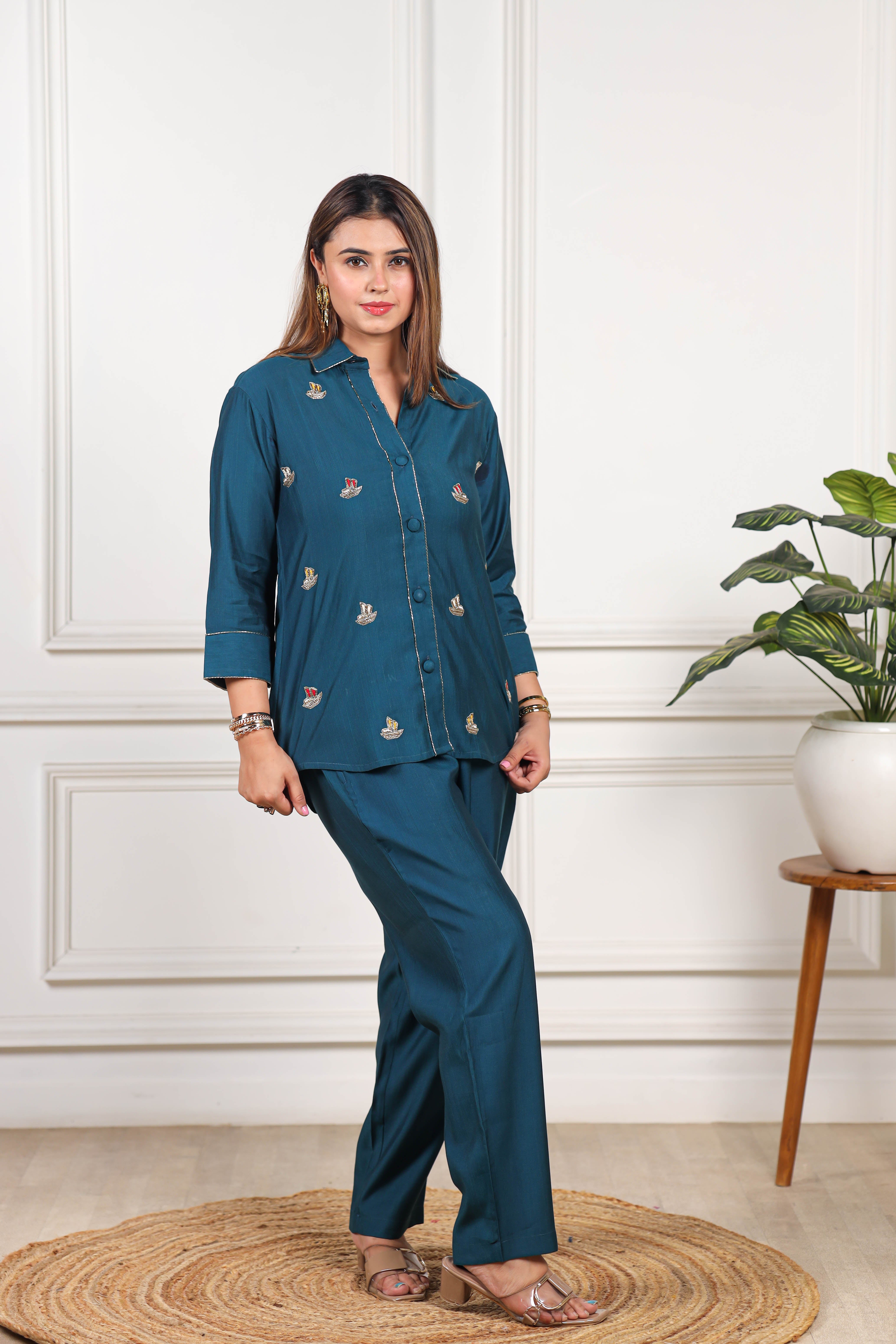 Hand patch work Viscose goldy blue co ord set