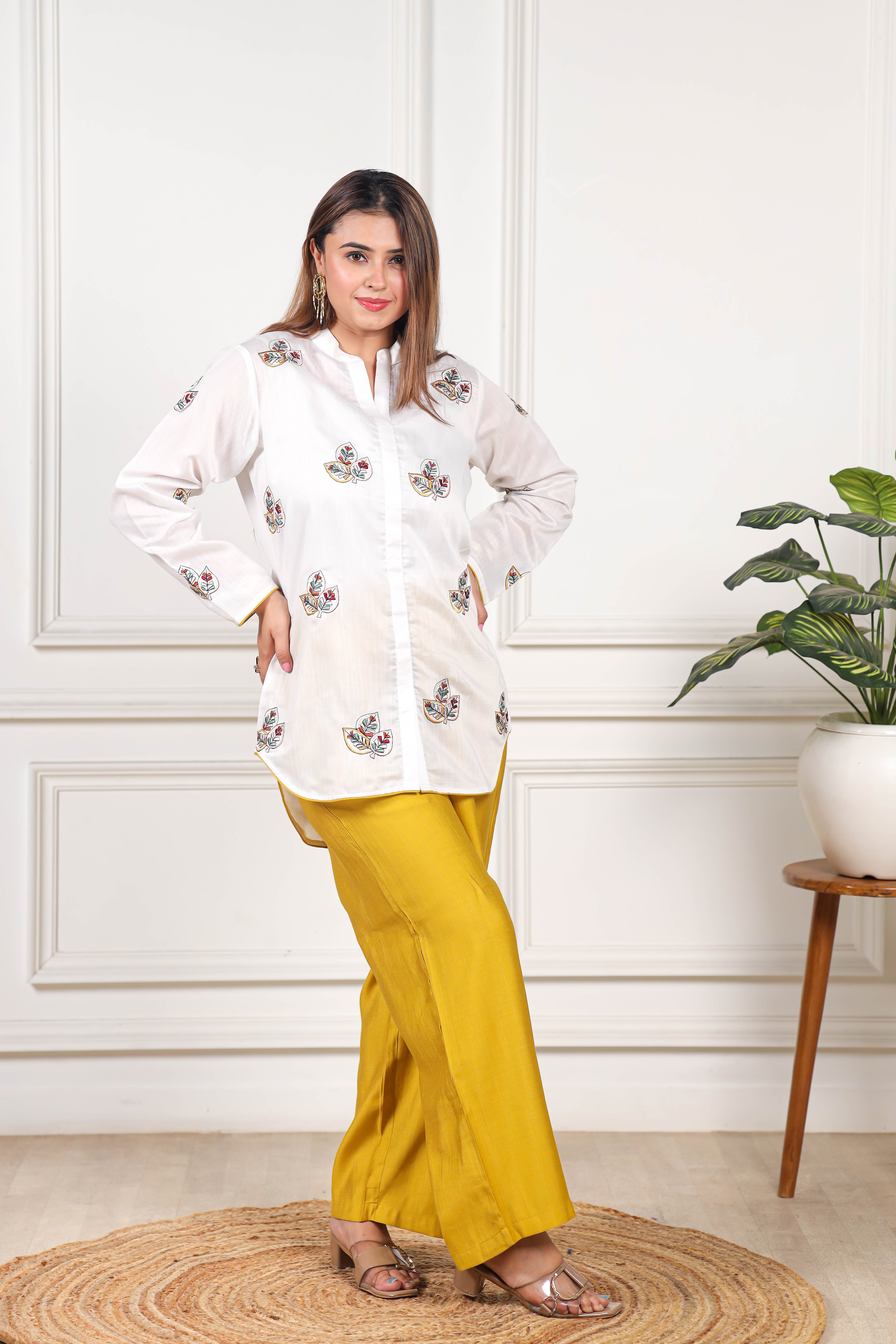 Embroidered Viscose goldy white & yellow co ord set