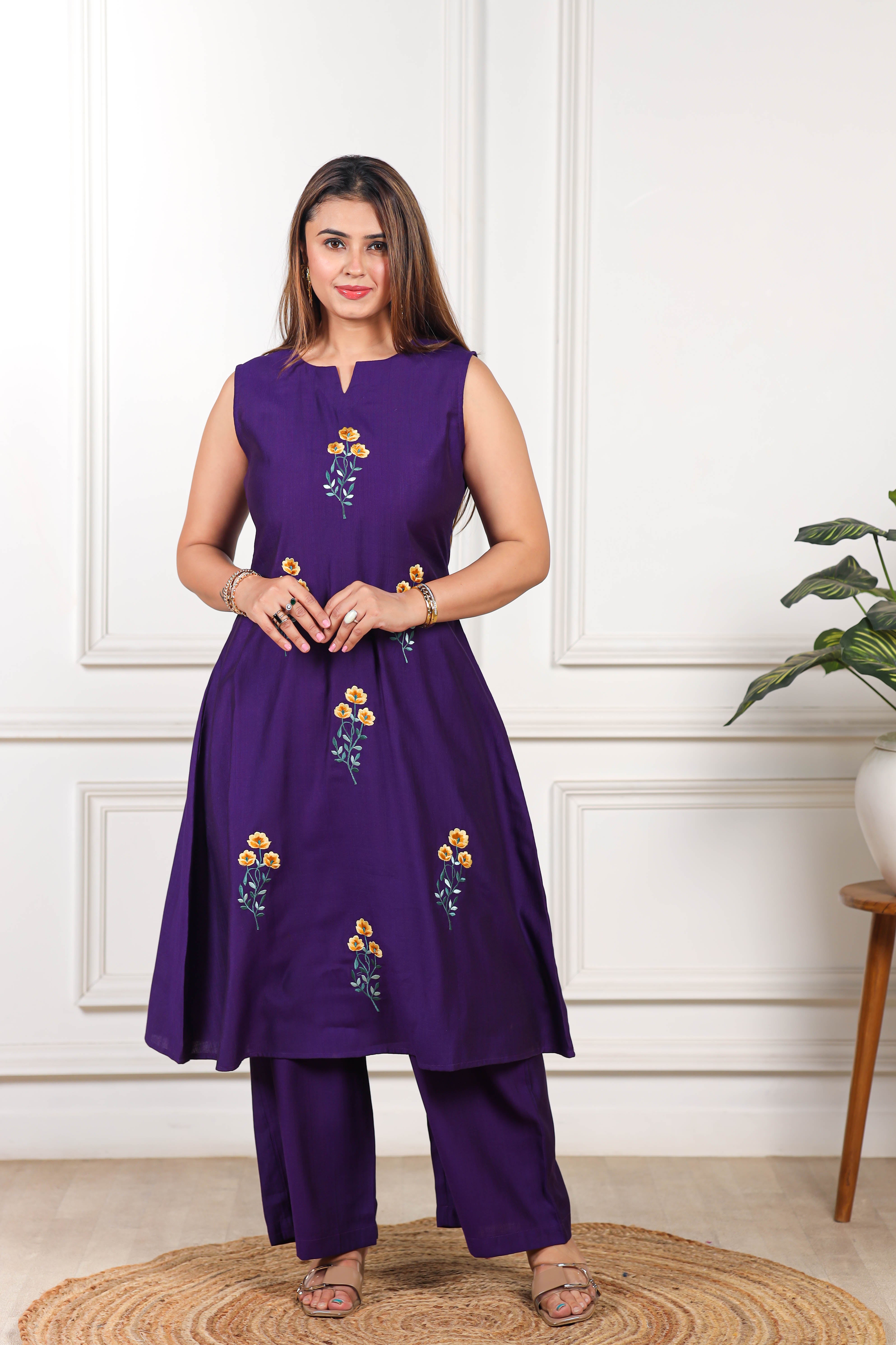 Embroidered Viscose Goldy purple co ord set