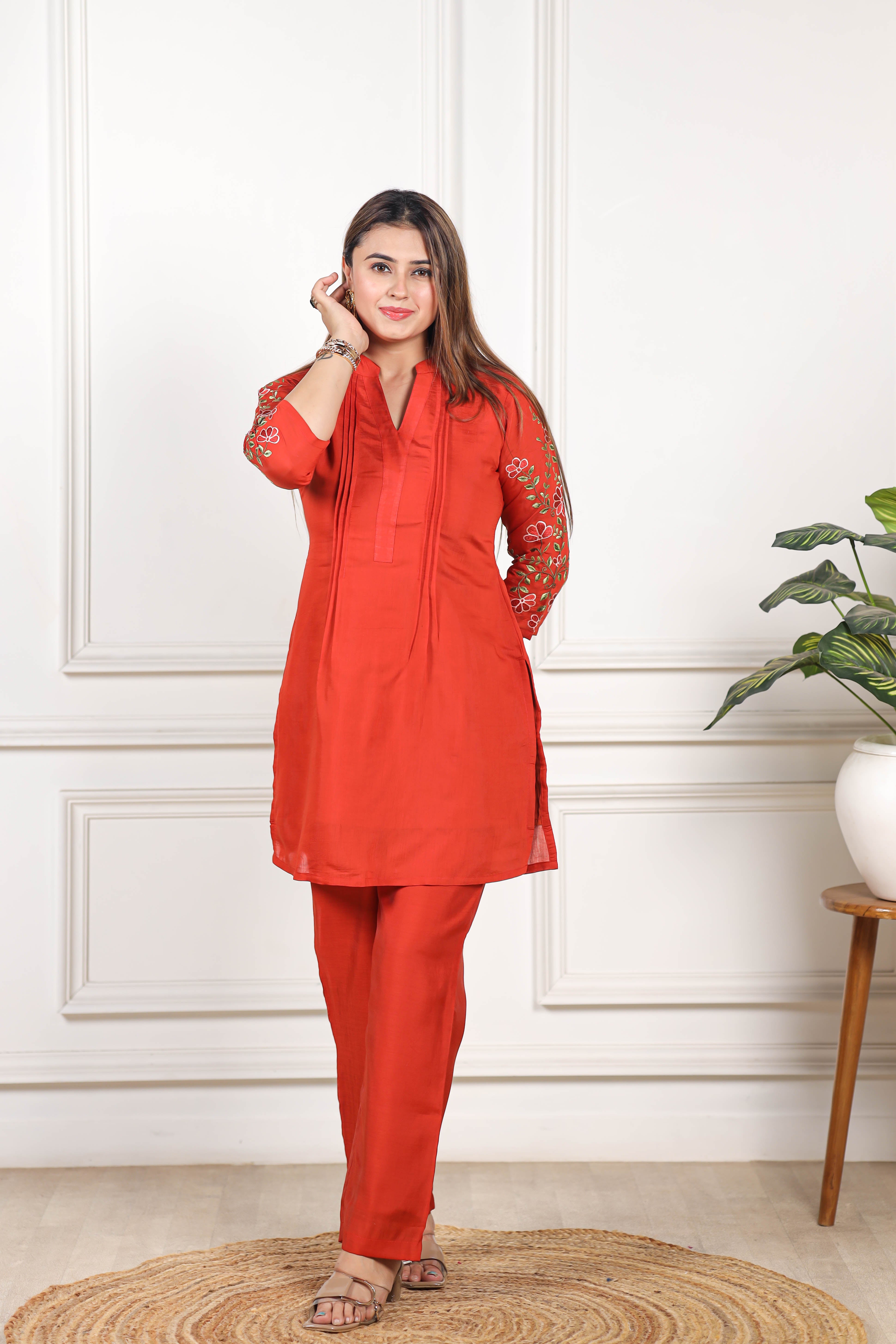 Embroidered Viscose mul chanderi Rust orange co ord set