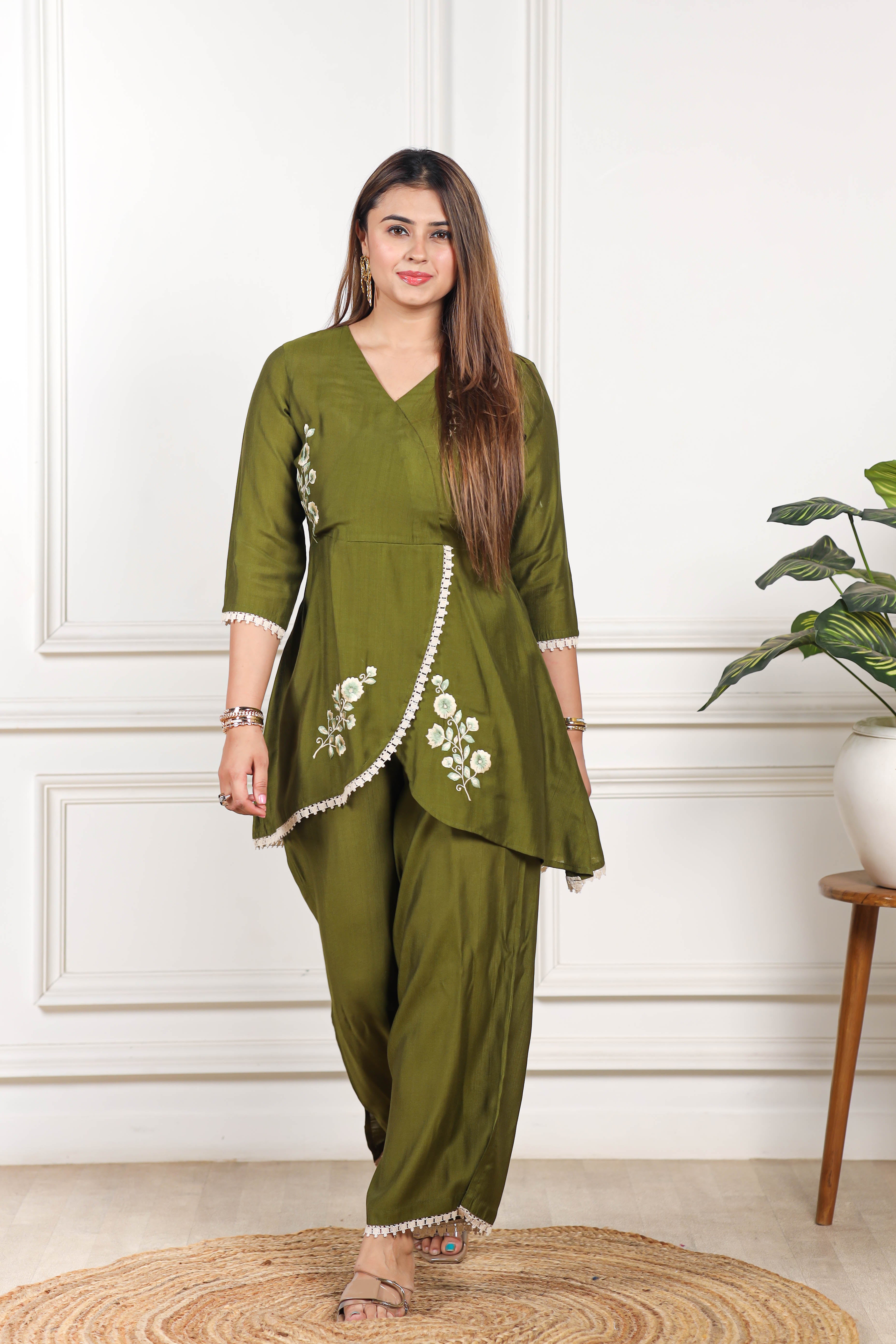 Embroidered Viscose goldy green co ord set
