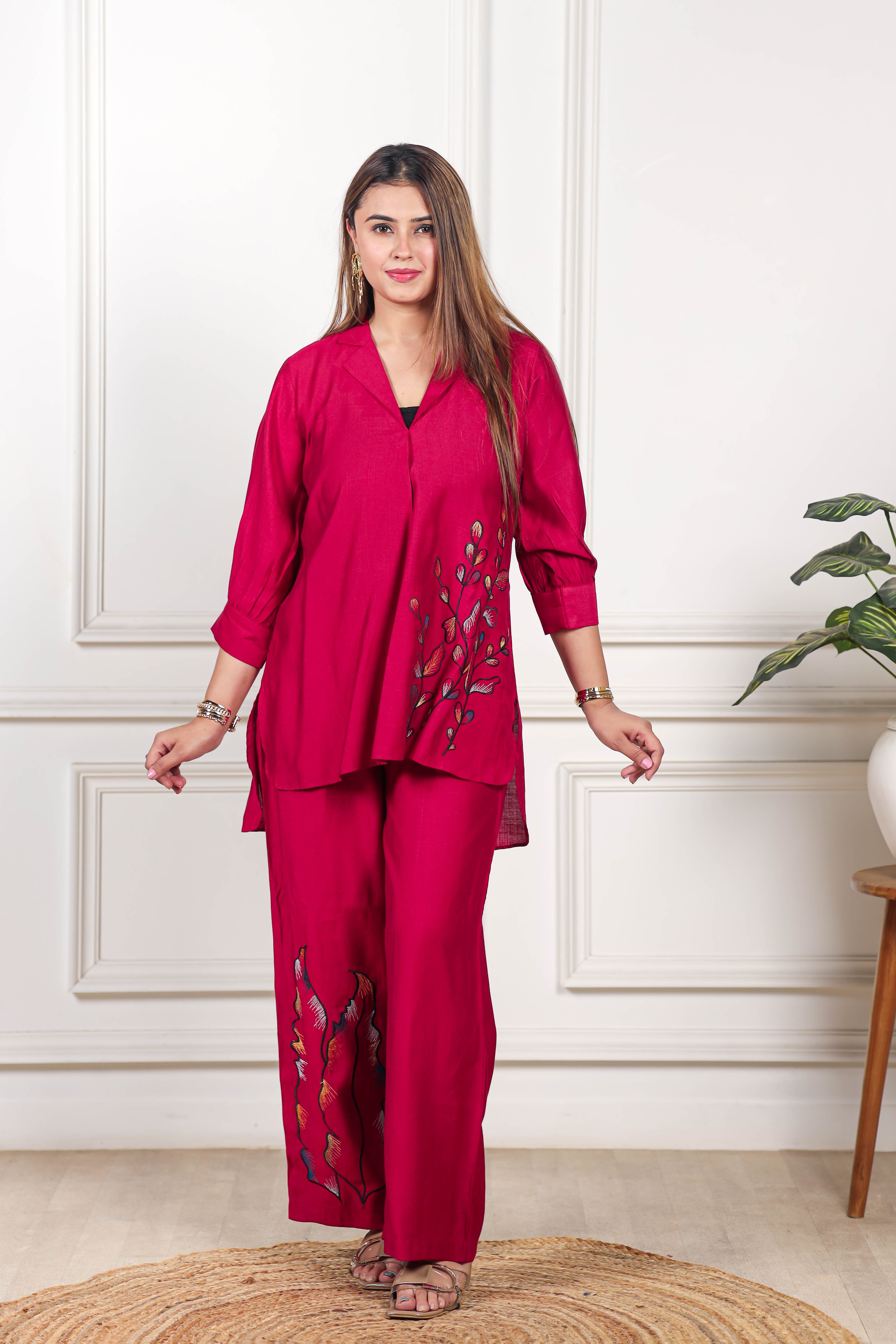 Embroidered Viscose goldy Red co ord set