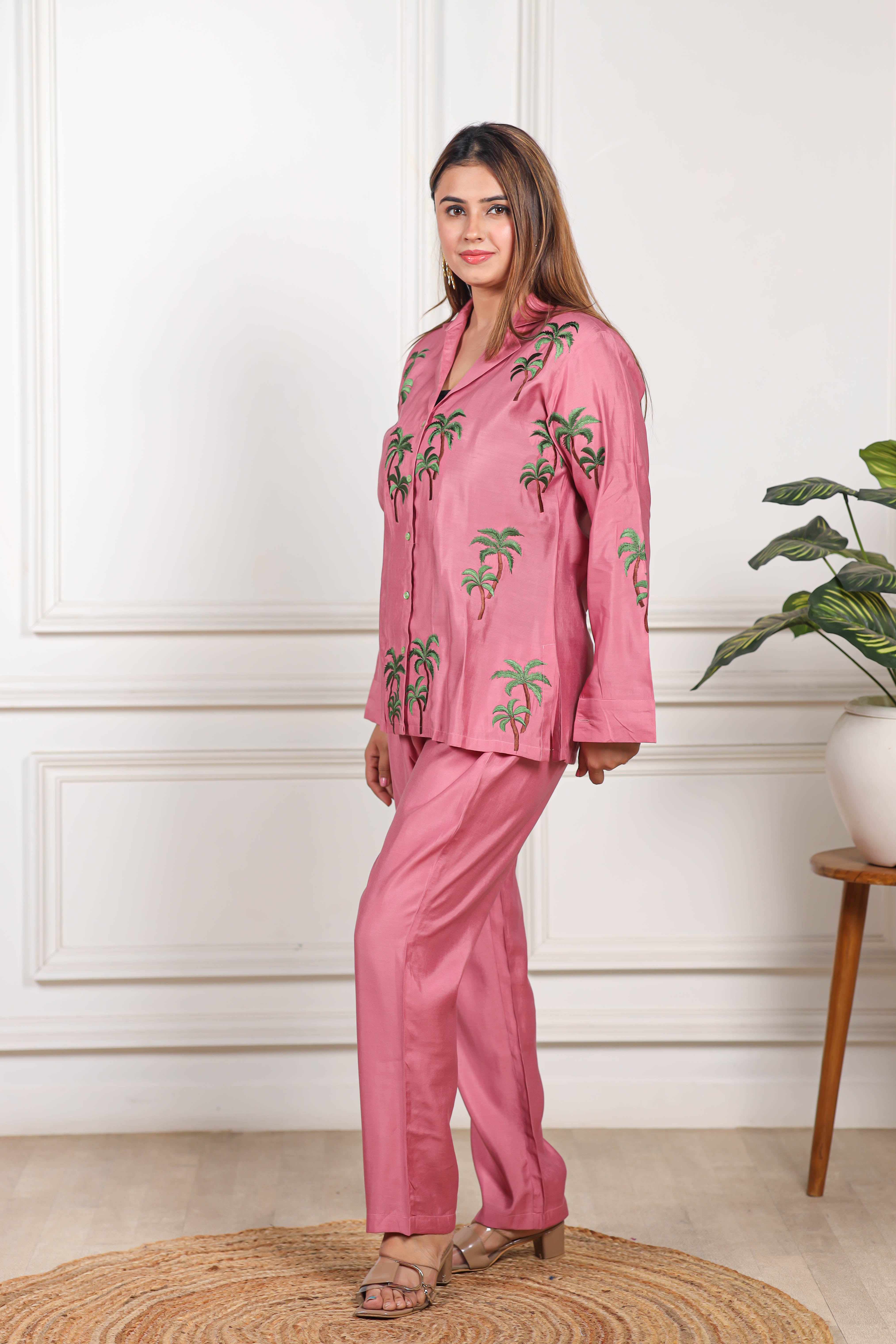 Embroidered Viscose goldy pink co ord set