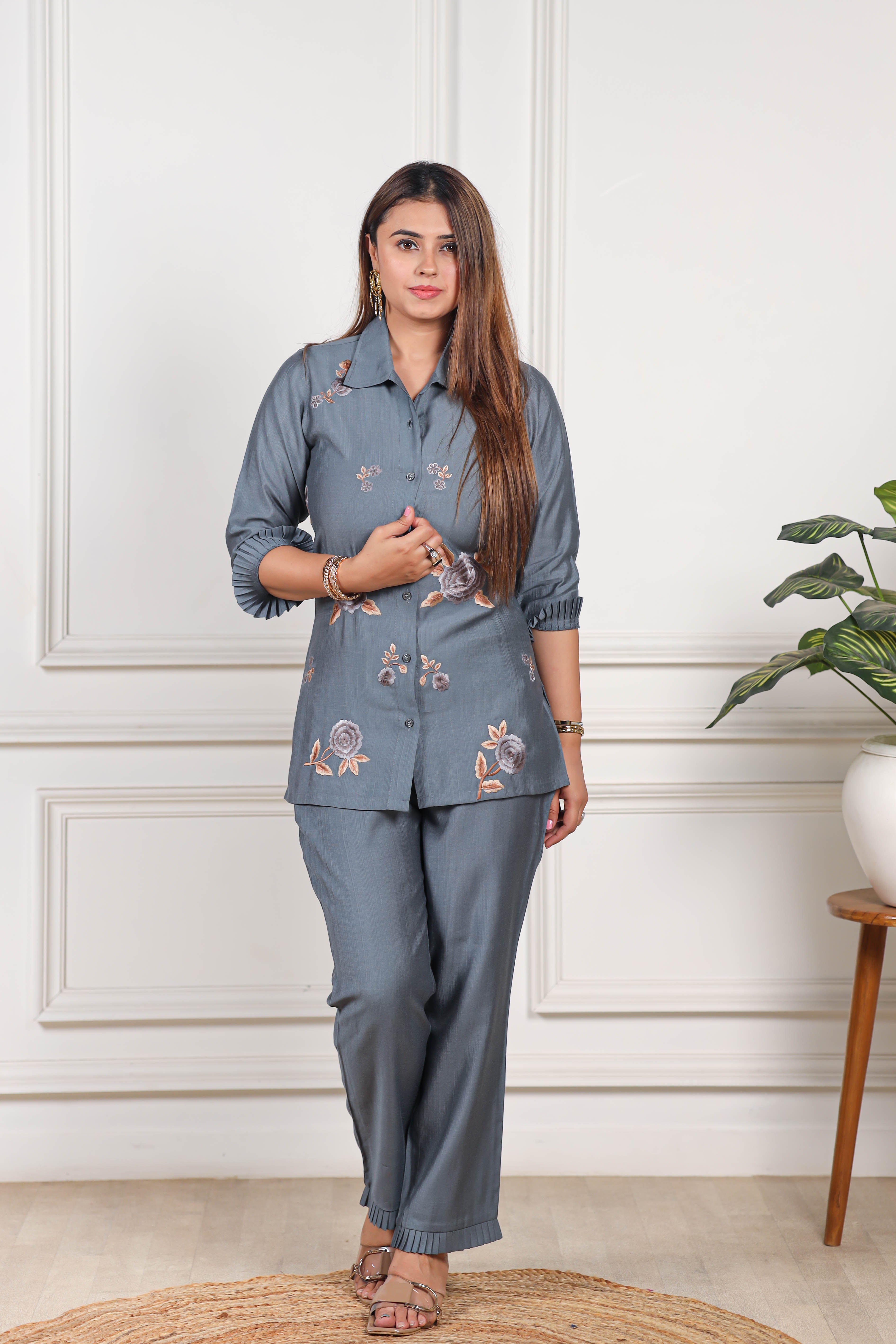 Embroidered Viscose goldy bluish grey co ord set
