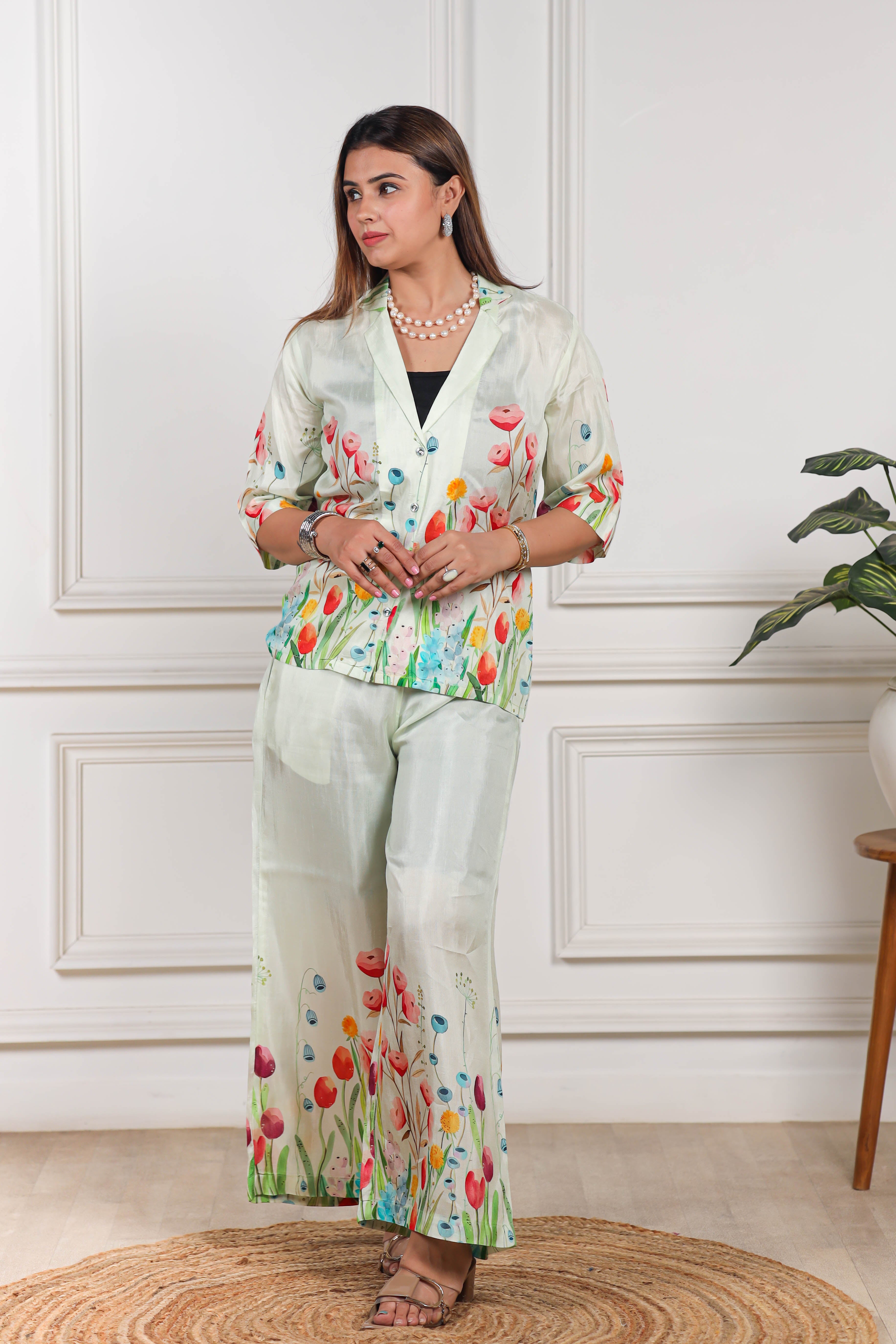 Floral Printed Viscose muslin off white co ord set