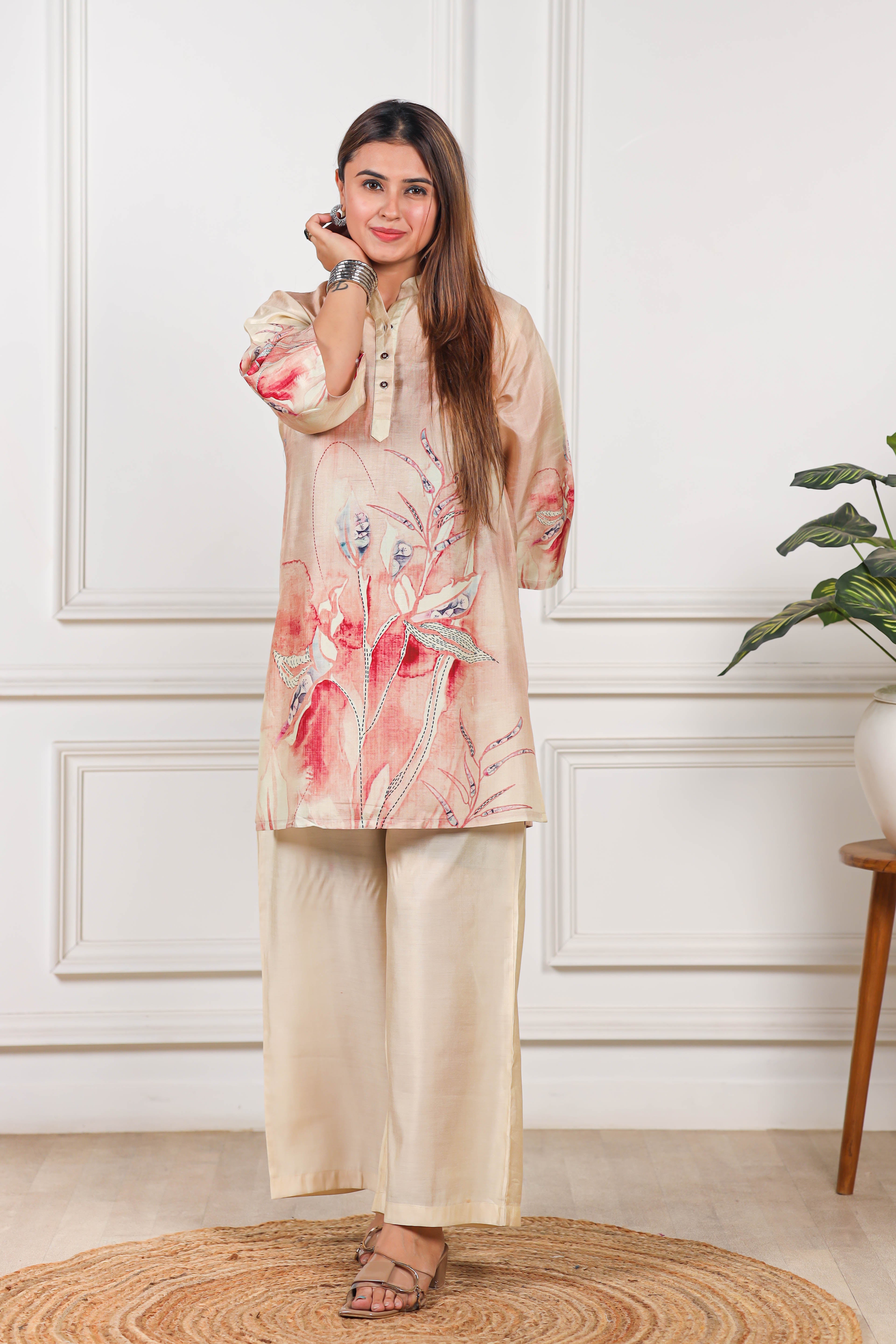 Printed Viscose muslin cream co ord set