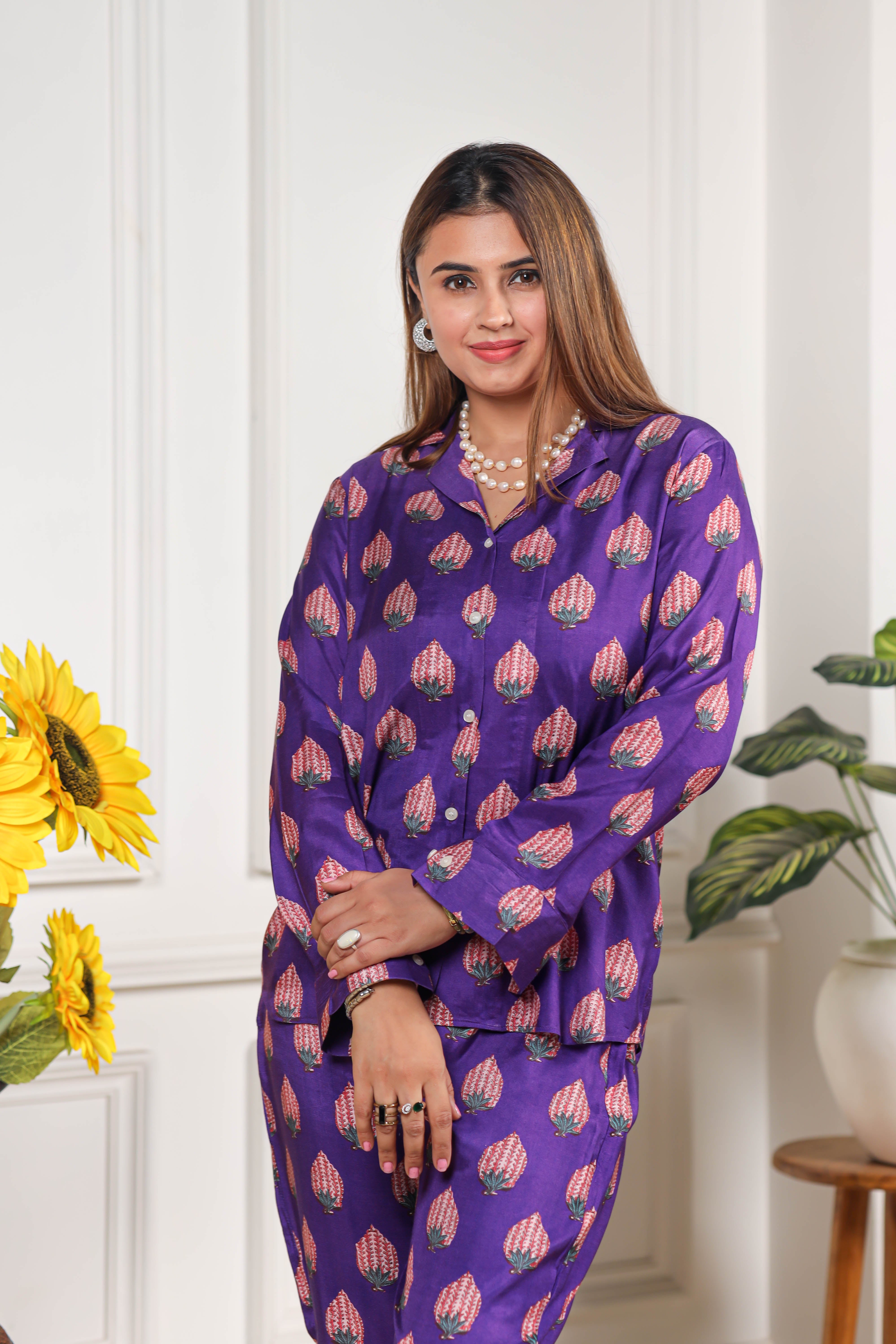 Printed Viscose muslin purple shirt co ord set