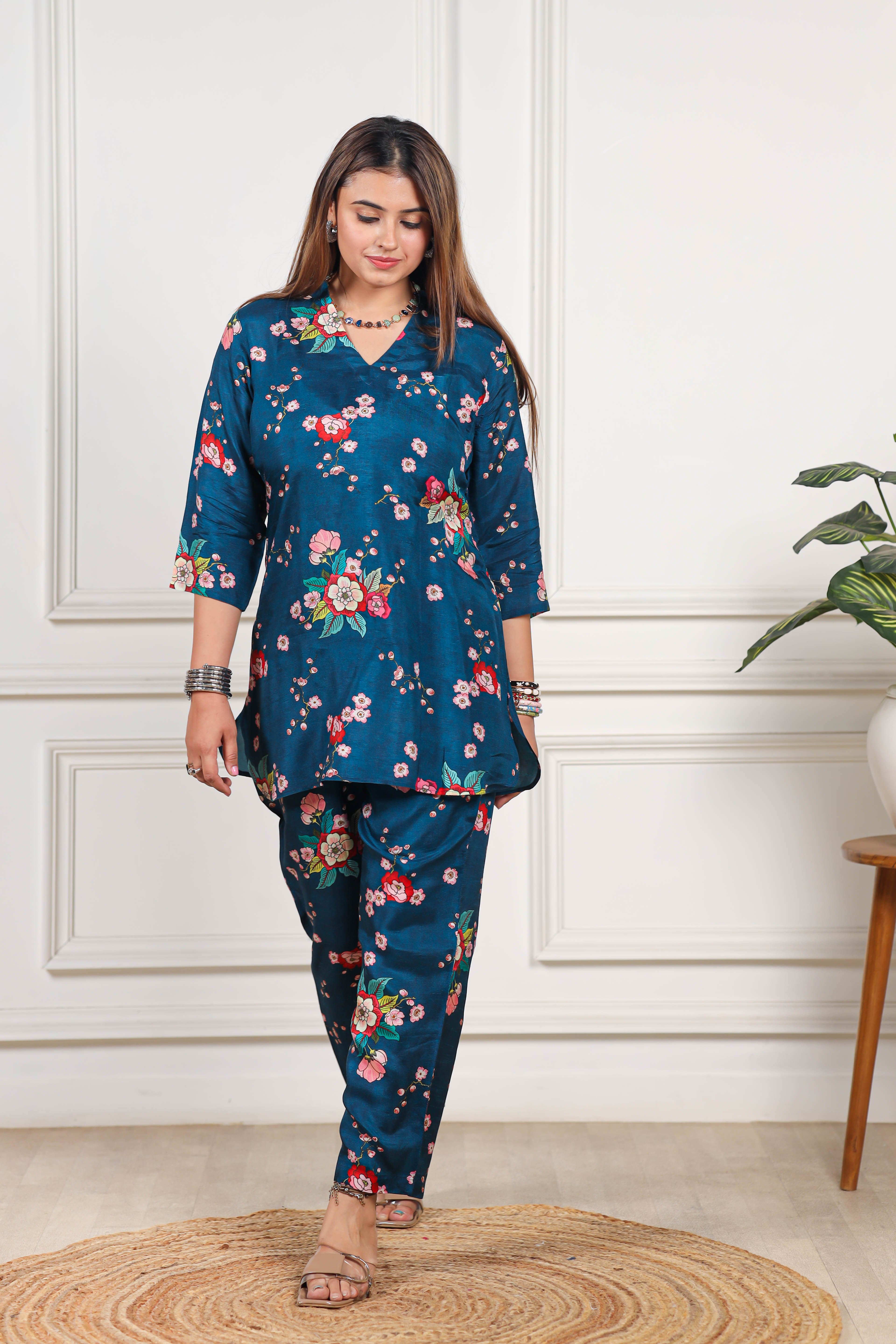 Floral Printed Viscose muslin blue co ord set