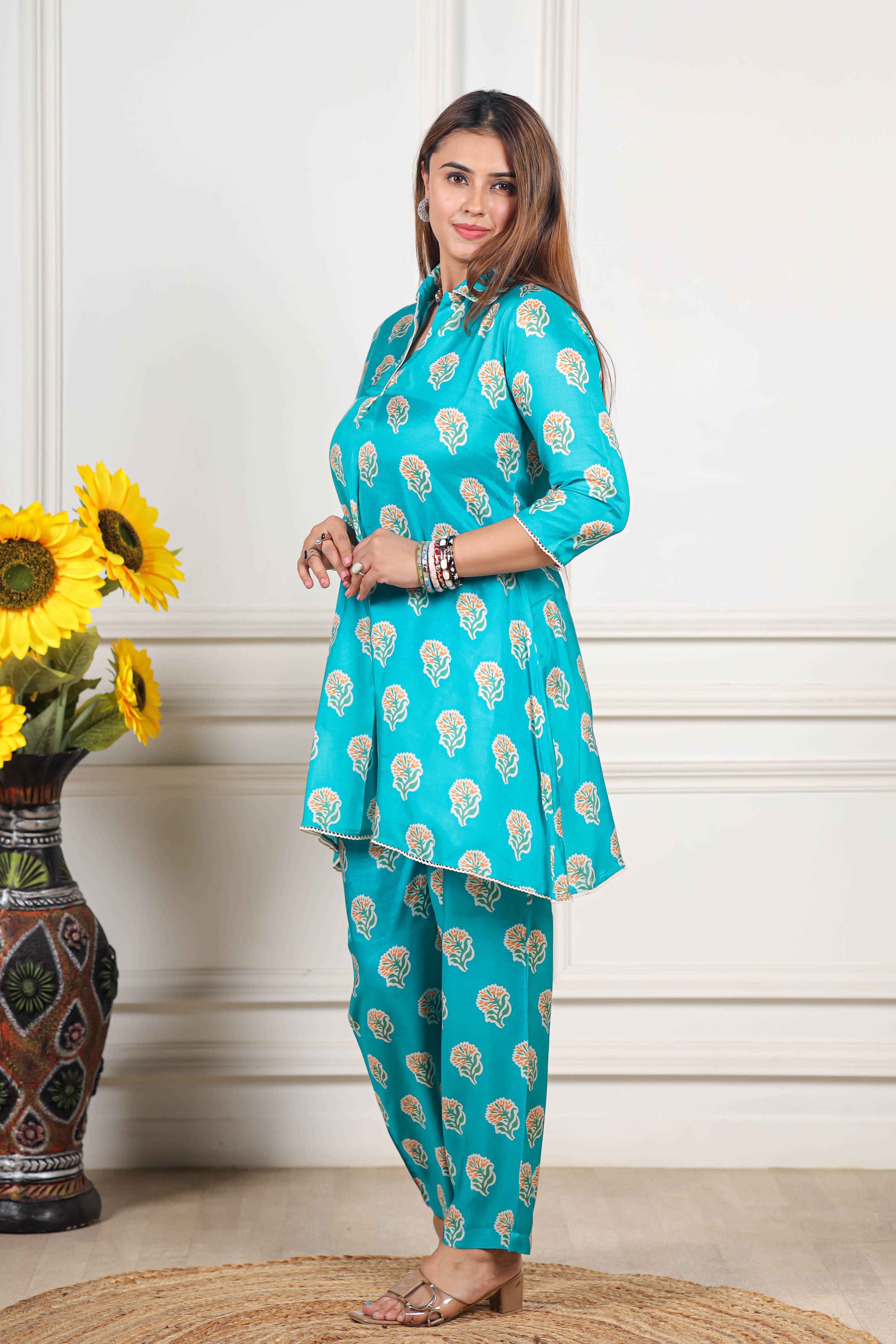 Abstract Printed Viscose muslin blue co ord set