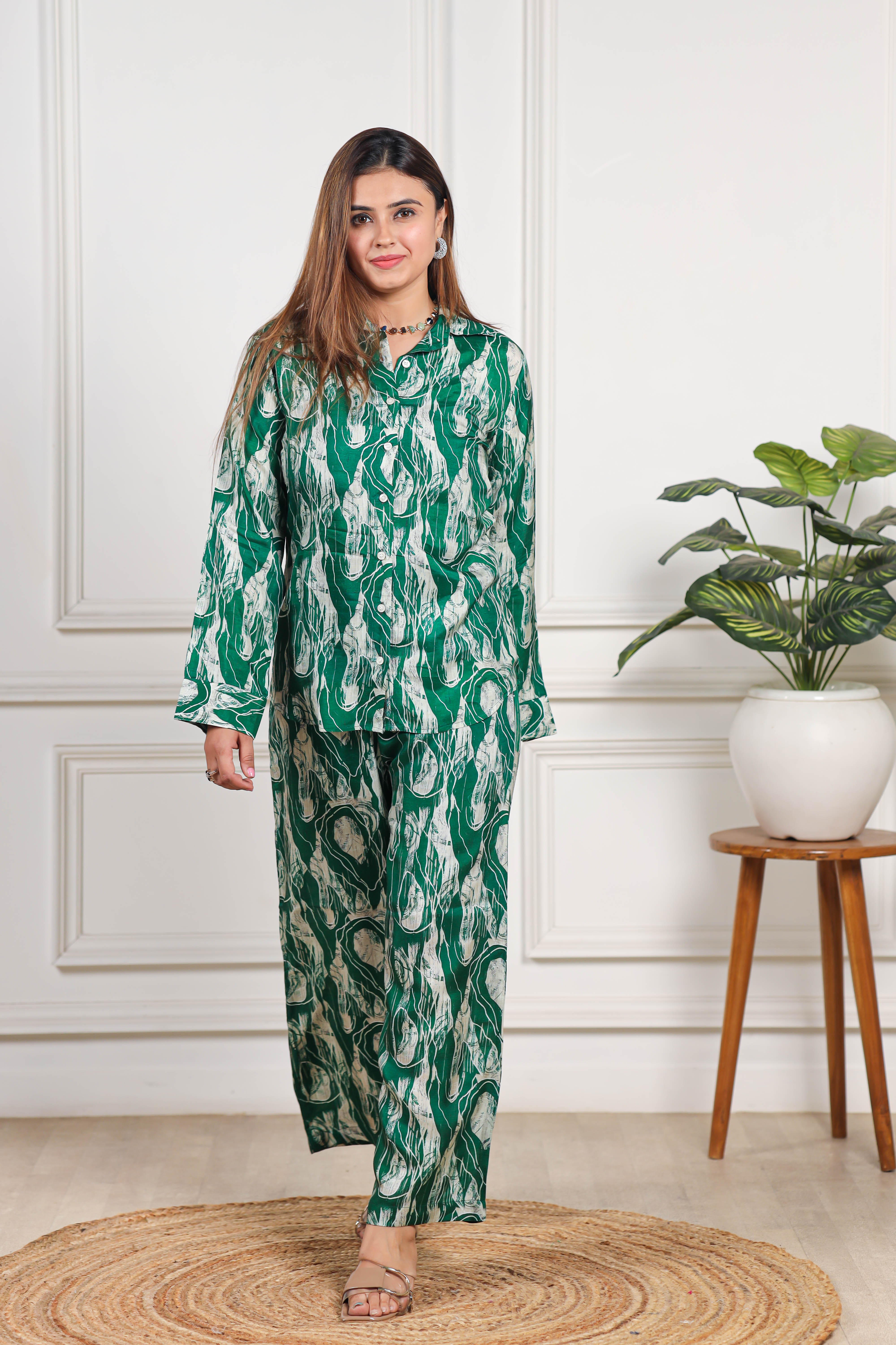 Printed Viscose muslin green co ord set