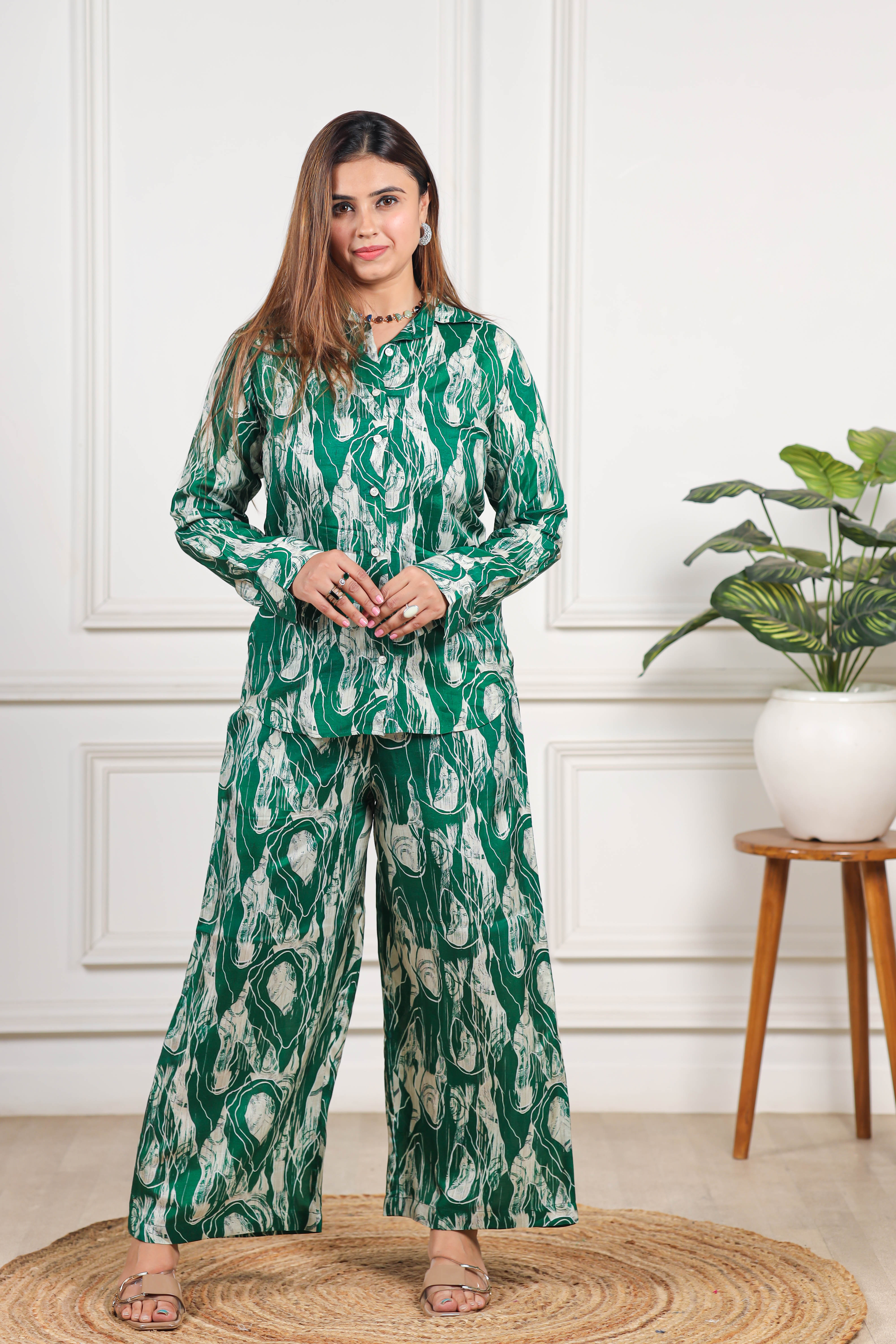 Printed Viscose muslin green co ord set