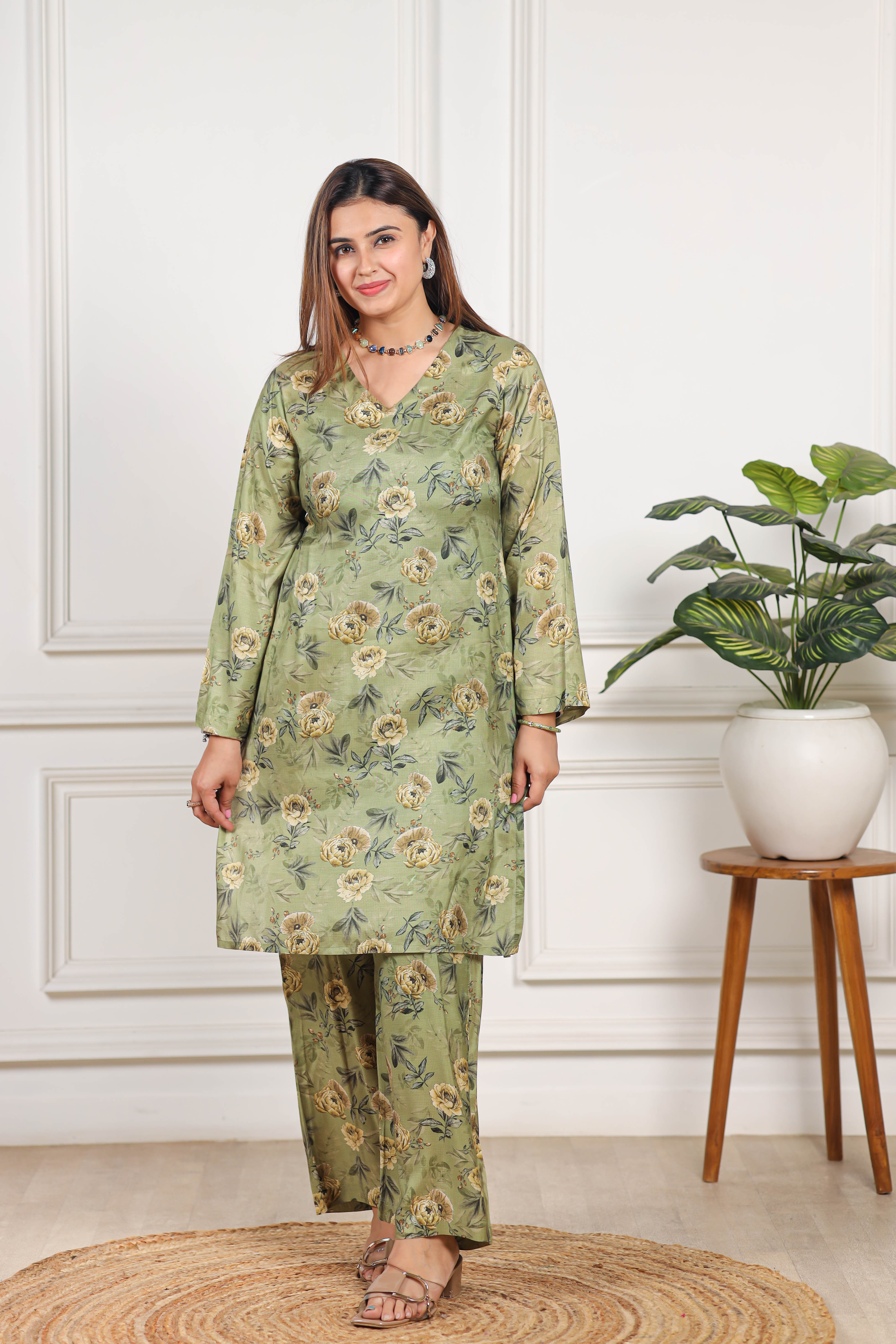 Printed Viscose muslin green co ord set