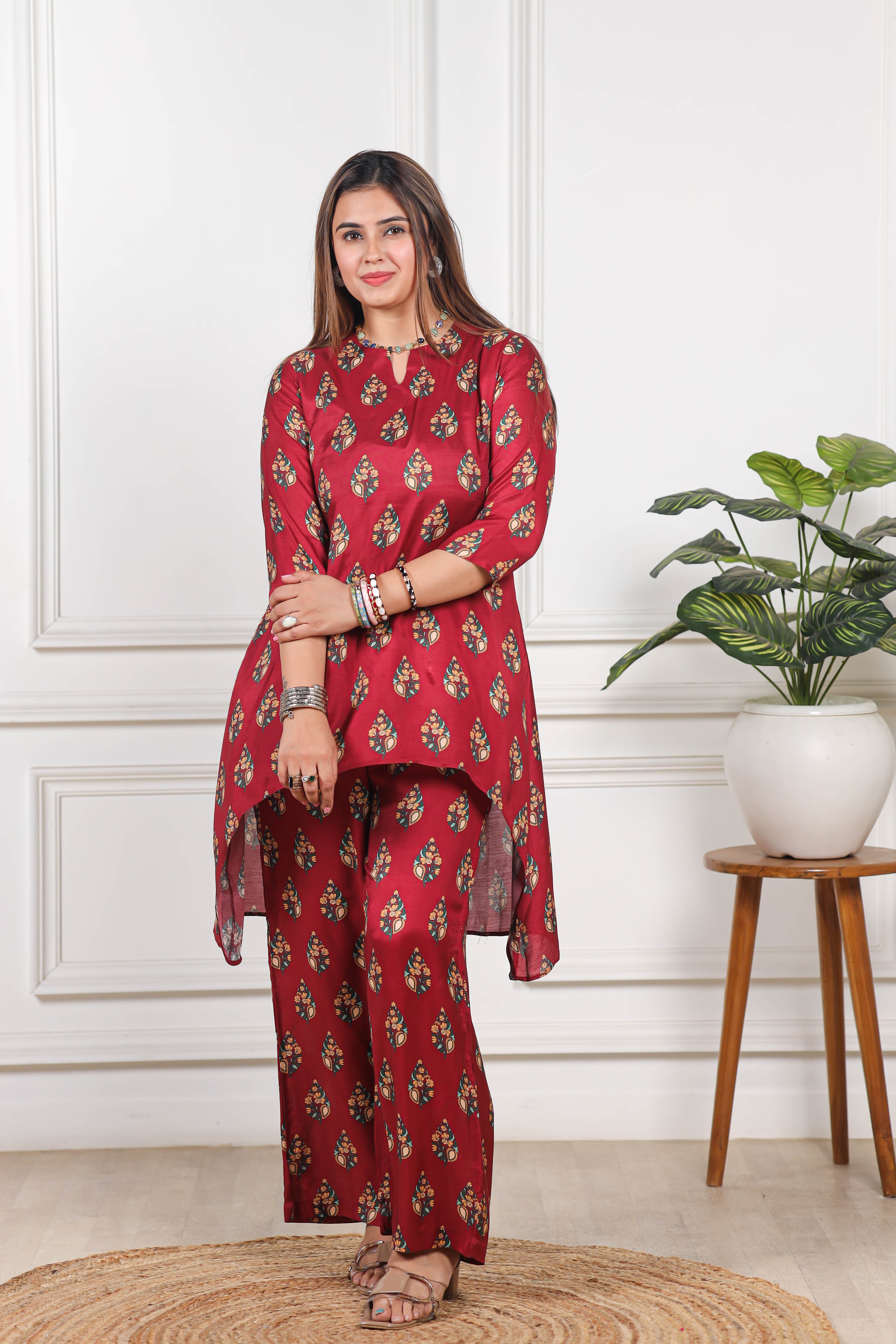 Printed Viscose muslin red co ord set