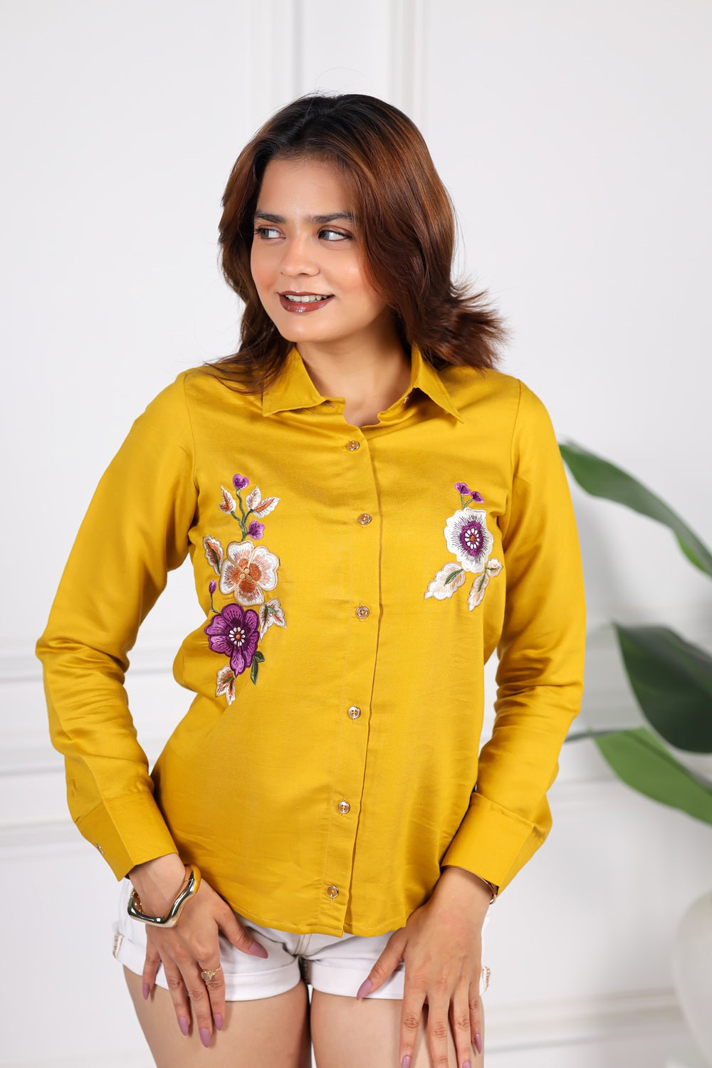 Embroidered viscose twill mustard shirt