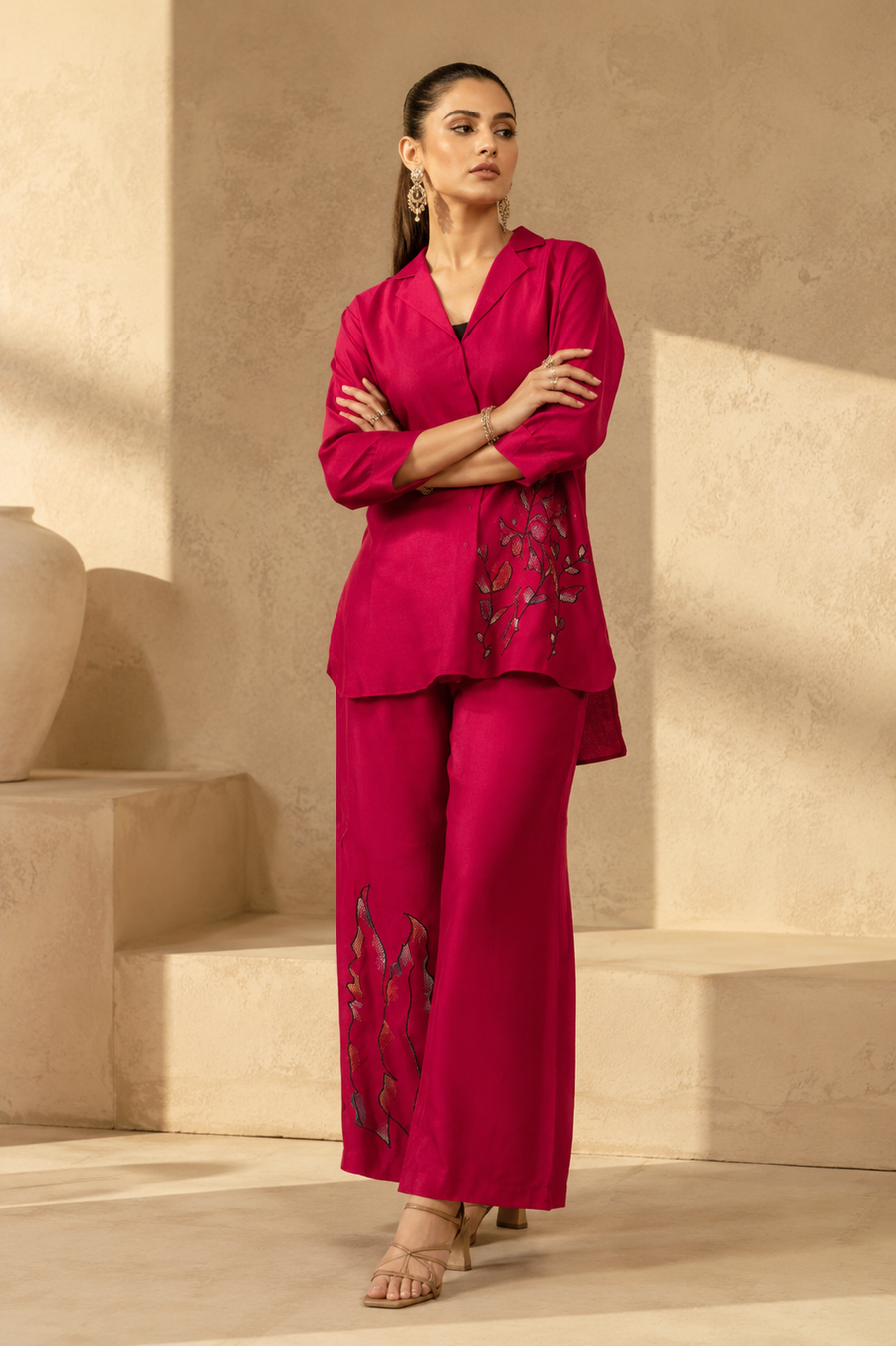 Embroidered Viscose goldy Red co ord set