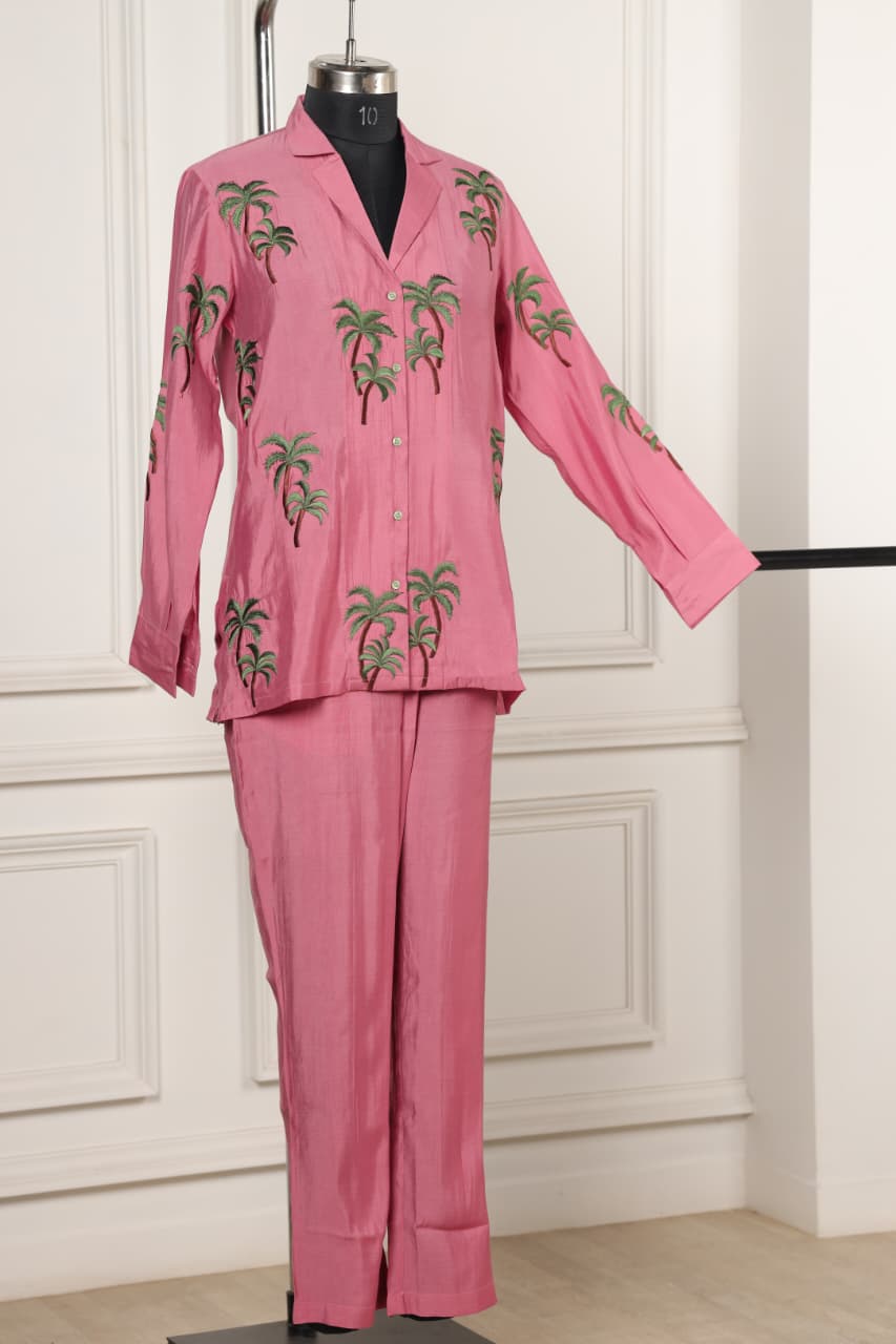 Embroidered Viscose goldy pink co ord set