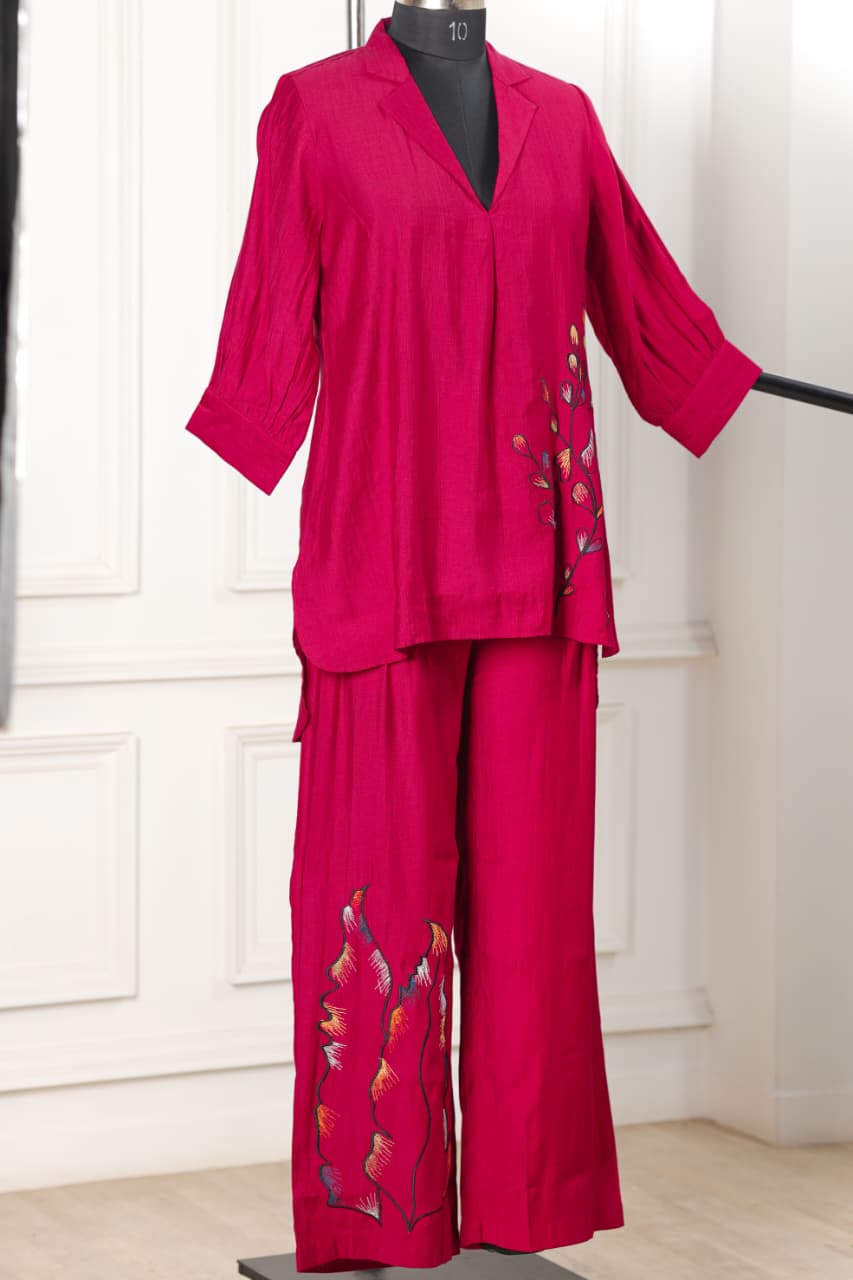 Embroidered Viscose goldy Red co ord set
