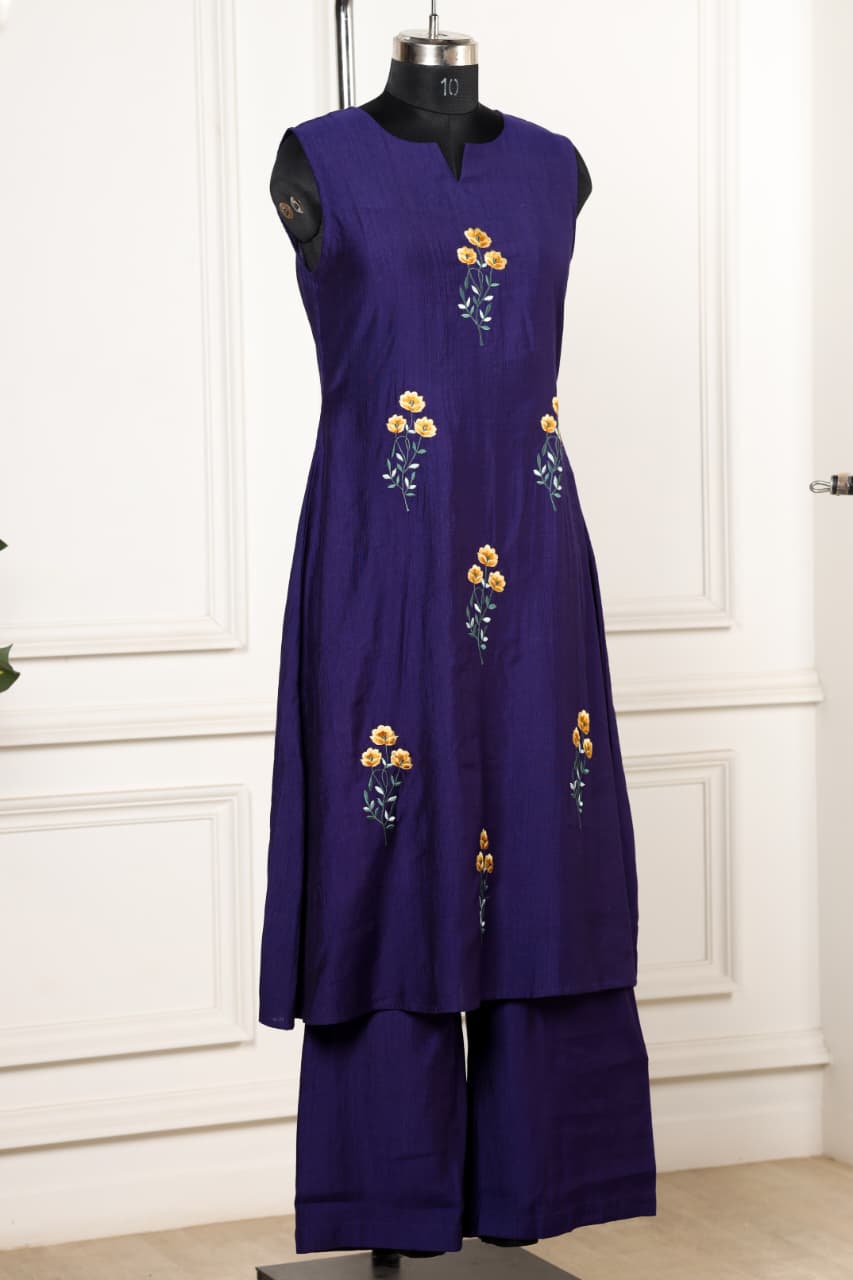 Embroidered Viscose Goldy purple co ord set