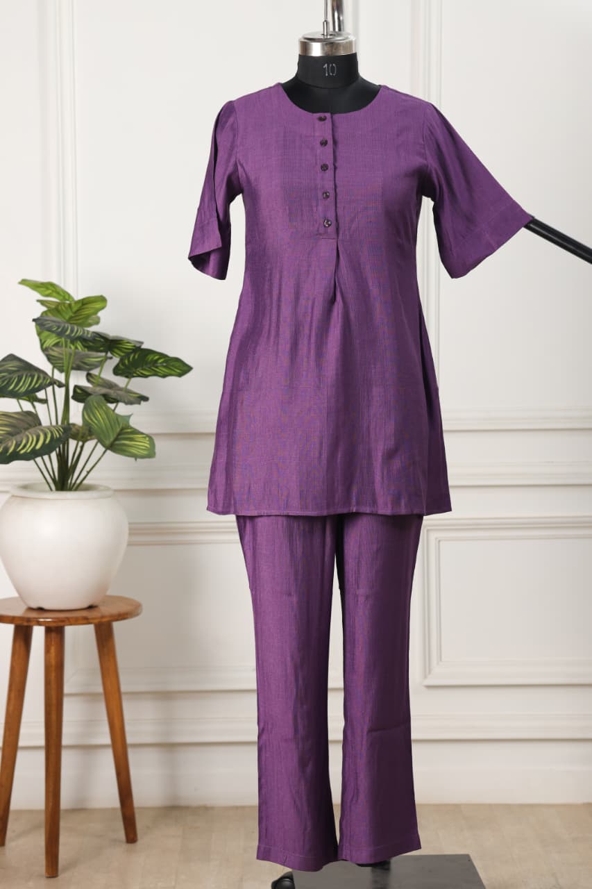Plain Viscose goldy purple co ord set