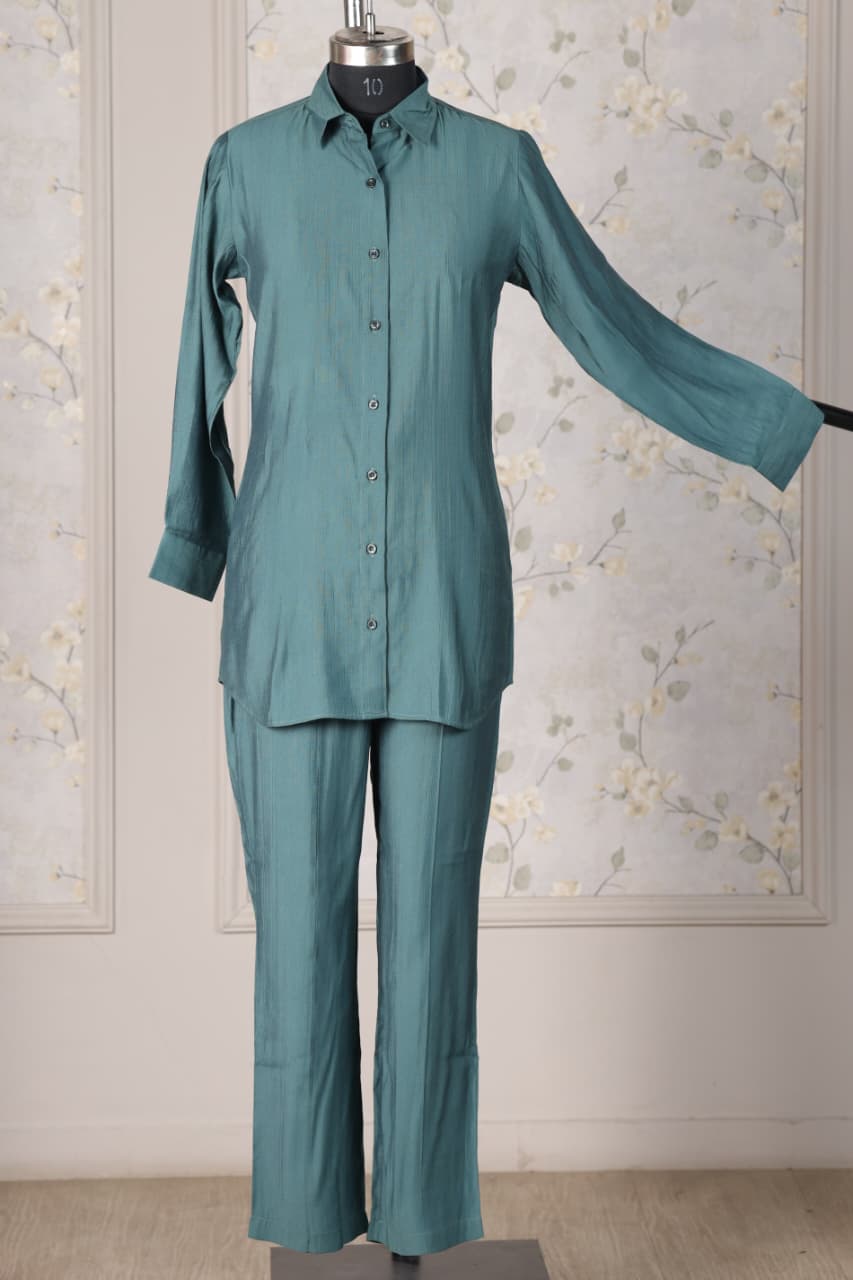 Plain Viscose goldy green shirt co ord set