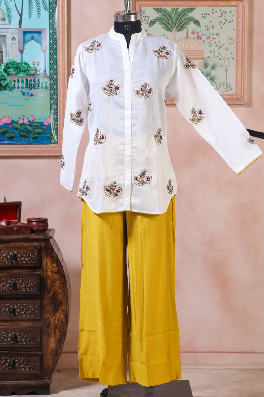 Embroidered Viscose goldy white & yellow co ord set