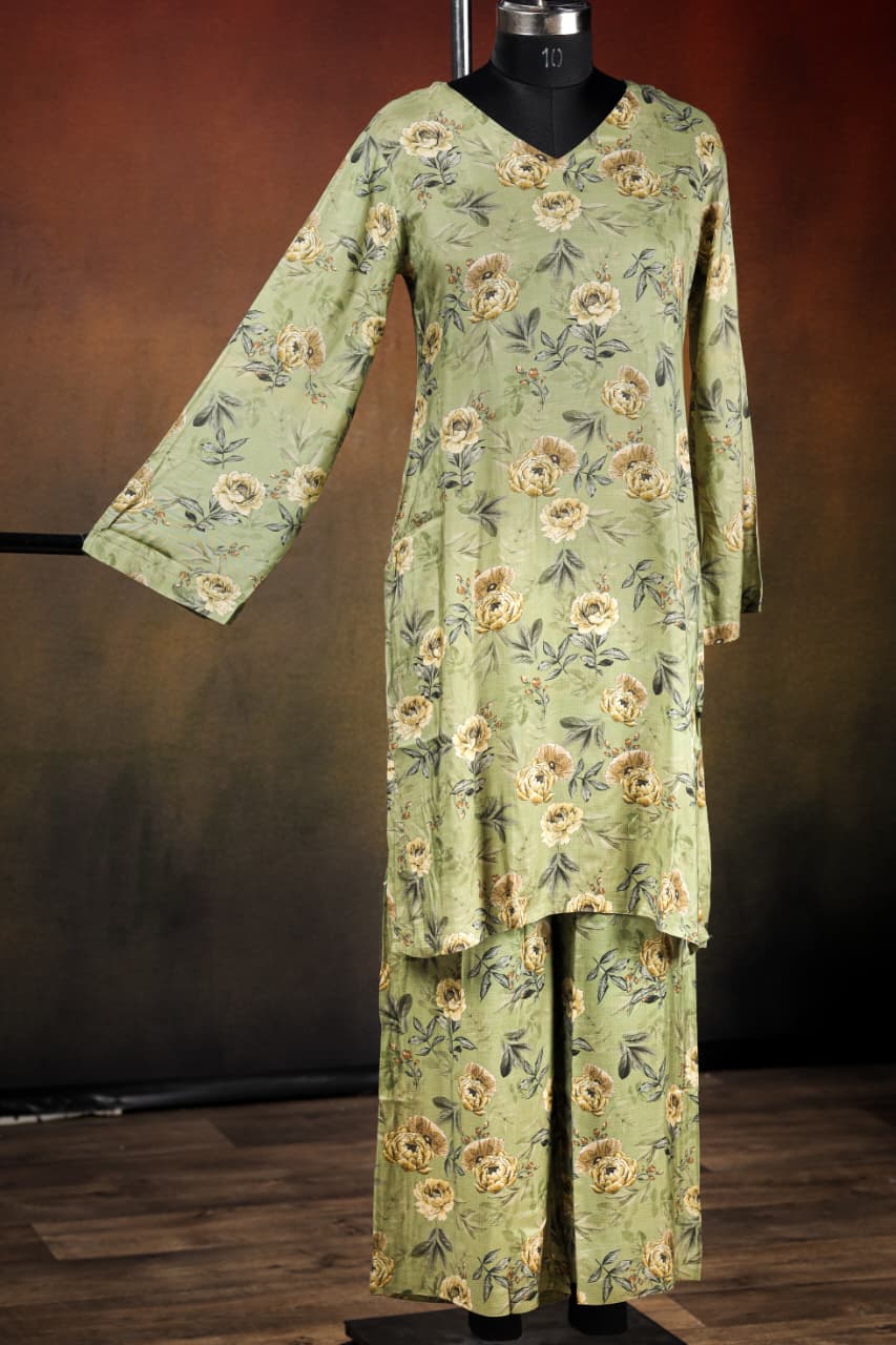 Printed Viscose muslin green co ord set