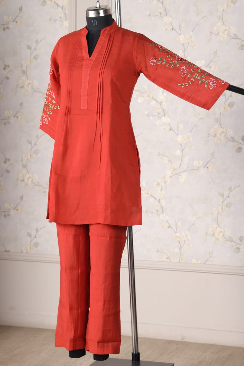 Embroidered Viscose mul chanderi Rust orange co ord set