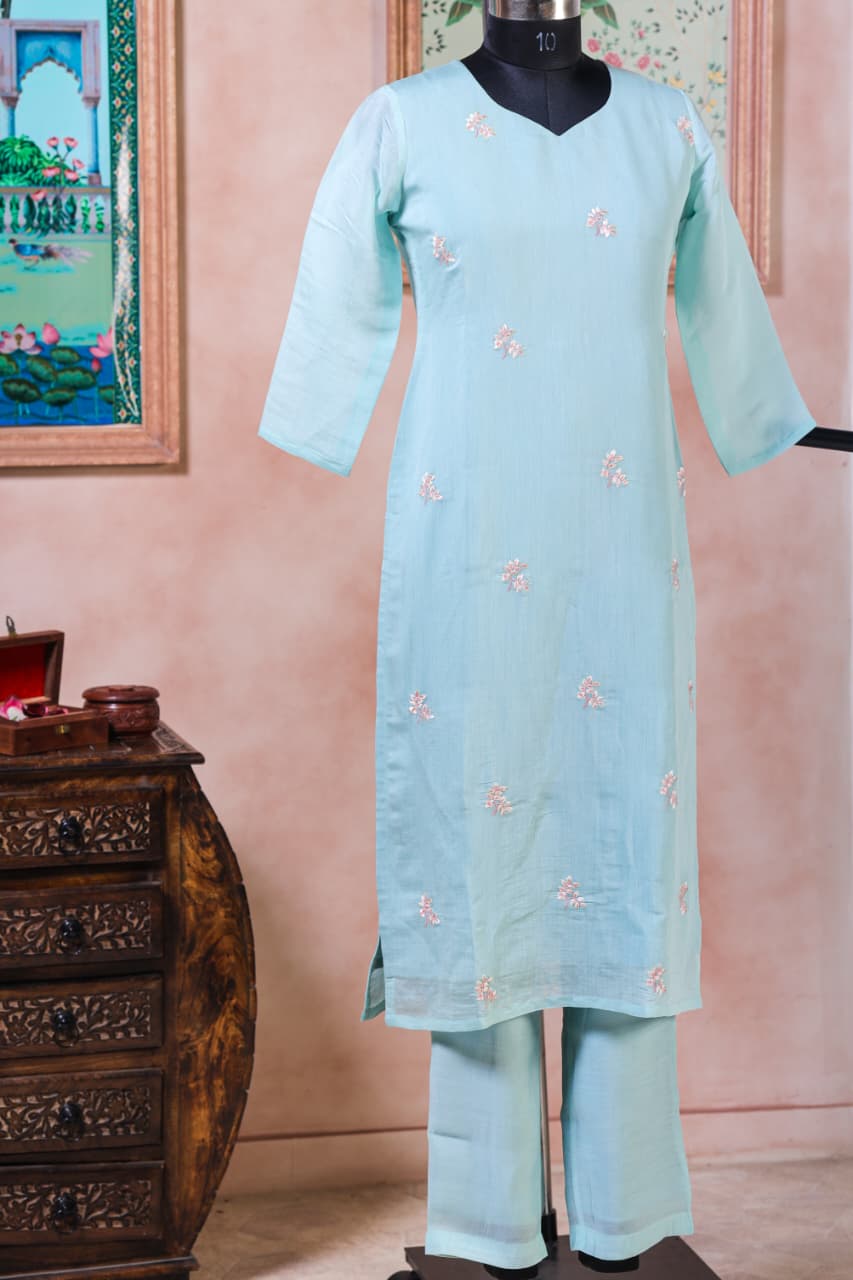 Embroidered Viscose mul chanderi light blue co ord set