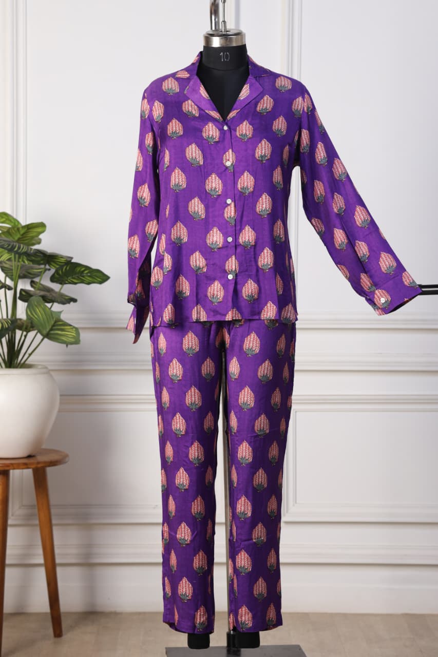 Printed Viscose muslin purple shirt co ord set
