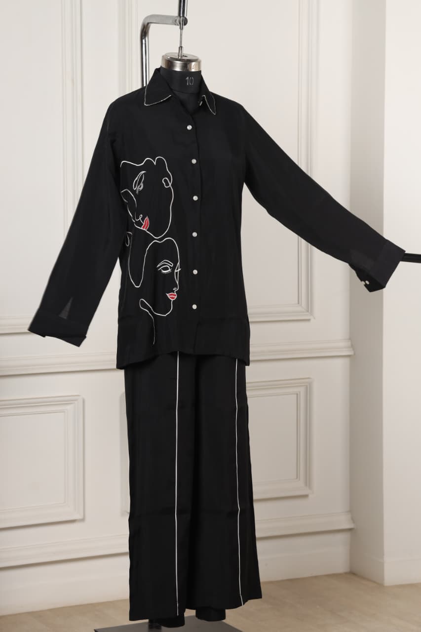 Embroidered Viscose goldy black shirt co ord set